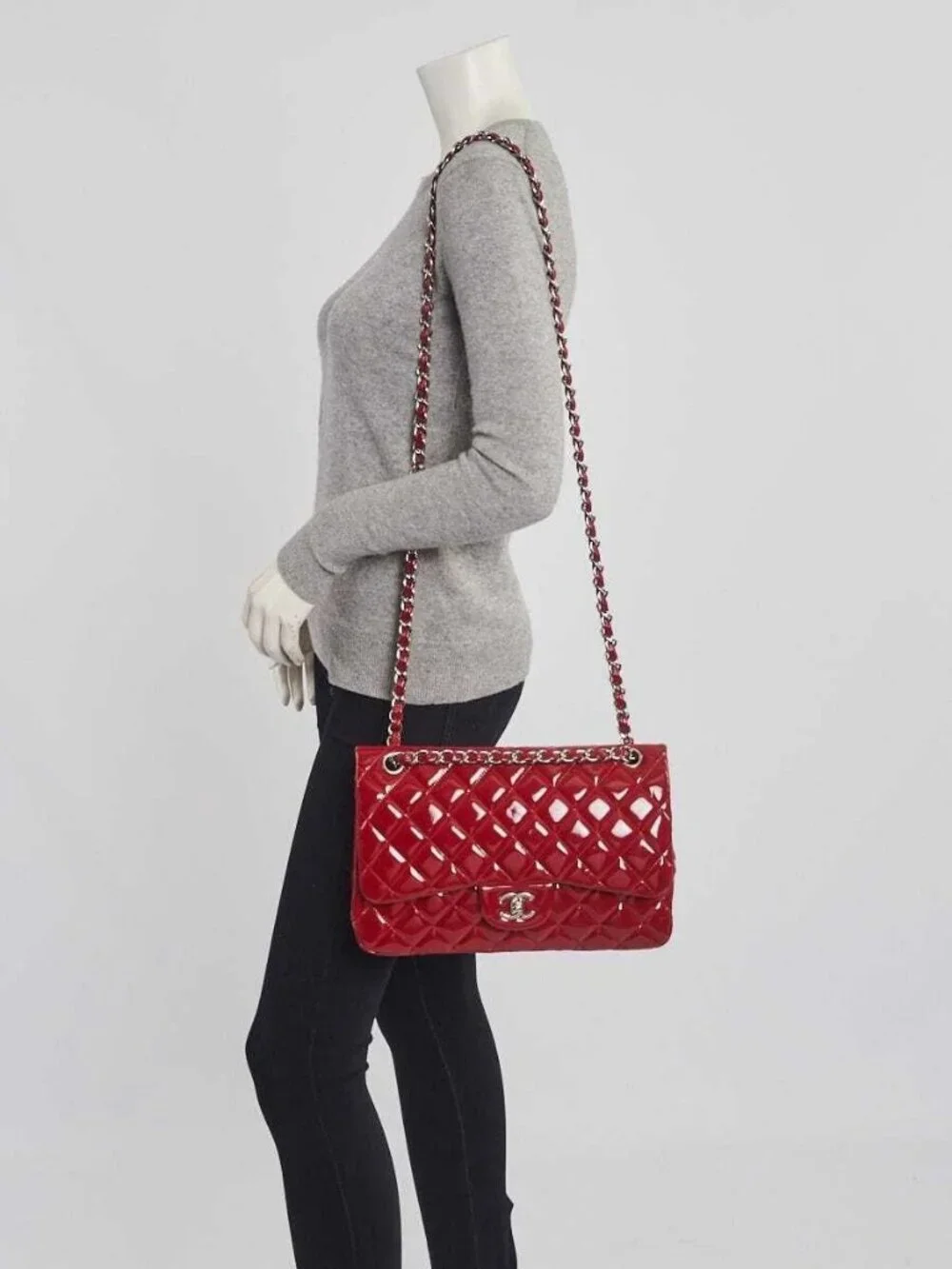Chanel Red Quilted Patent Leather Classic Jumbo Double Flap Bag